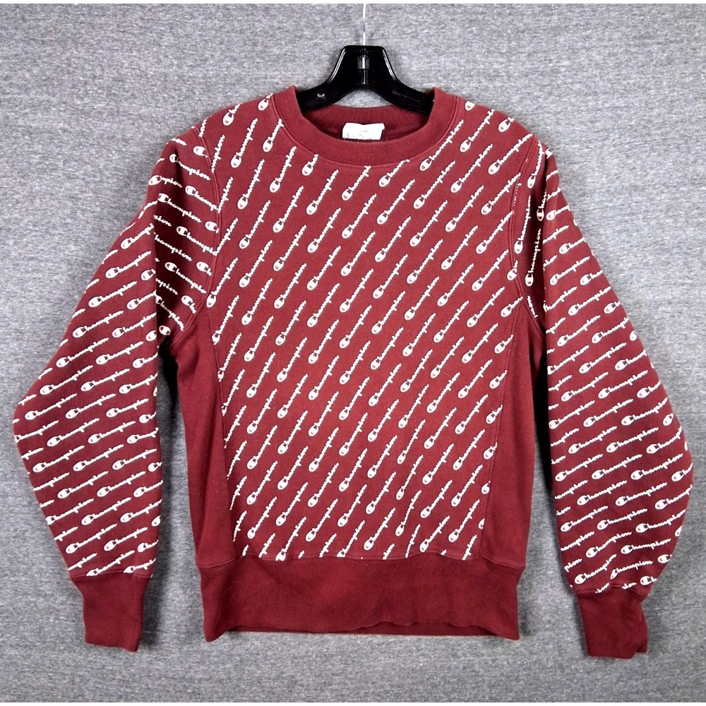 VTG Champion Sweatshirt Adult S Red Reverse Weave All Over Print Logo Spellout
